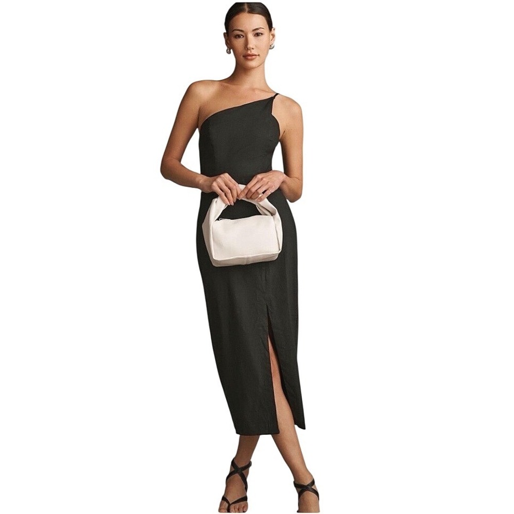 Anthropologie Midi Dress Black One Shoulder Linen Blend Preppy L New